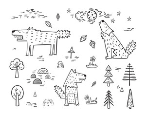 Cute Wolf Vector Set. Hand Drawn Doodle Wolves in Forest. Cartoon Wild Animals collection. Design for kids