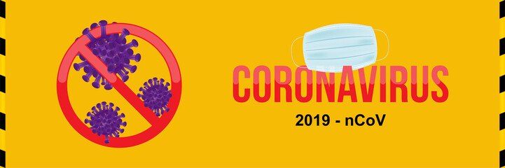 Coronavirus with stop sign and medical surgical mask for the face. Flu spreading of the world. Floating flu virus and cancer cells on yellow background. Flat vector illustration EPS10