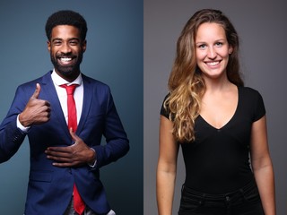 Portraits of people in front of a colored background