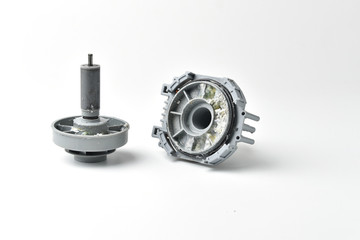 Parts of the water pump. Dishwasher. Limescale deposits. Hard water. Isolated on white background.