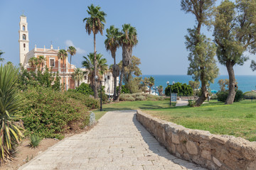Fototapeta na wymiar Stone Pathway Leading to St. Peter's Church in Old Jaffa, Israel with Mediterranean Sea in Background