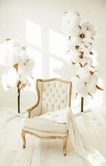 The chair is light. Against the background of a large cotton, photo zone. - 334284316