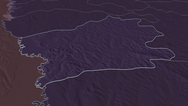 Făleşti, district with its capital, zoomed and extruded on the administrative map of Moldova in the conformal Stereographic projection. Animation 3D