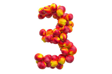 Number 3 from nectarines or peaches, 3D rendering