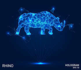 A rhino hologram. A rhinoceros made of polygons, triangles of points and lines. Rhinoceros low-poly compound structure. The technology concept. © newrossosh