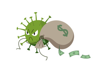 Market crash due to coronavirus. Economic crisis due to coronavirus. The economic impact of the pandemic. Coronavirus character stole a bag of dollars. Isolated on white background.