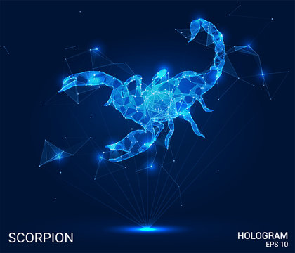 The Scorpion hologram. A Scorpion made of polygons, triangles, points, and lines. Scorpion is a low-poly compound structure. The technology concept.