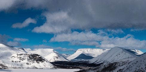 Fototapeta premium Snowy Mountains. Snow, Mountains, Valley, Landscape, Winter, Spring, Panorama