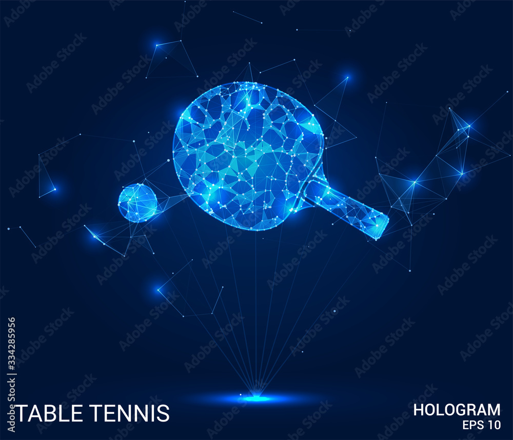 Wall mural the hologram table tennis. a racket and a ball made of polygons, triangles of points and lines. pinp
