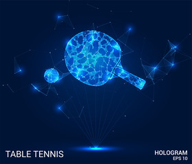 The hologram table tennis. A racket and a ball made of polygons, triangles of points and lines. Pinpong is a low-poly compound structure. The technology concept.