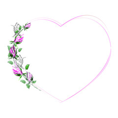 Floral frame in the shape of a heart. Vector illustration with hand-drawn roses on a white background. Use for decoration greeting cards, invitations, etc.