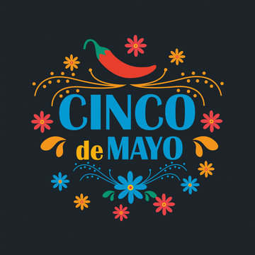 Cinco de Mayo on May 5th. Vector illustration with design for federal holiday in mexico. Pattern with traditional mexican symbols, flowers, red pepper, maracas, sombrero. Banner, poster.