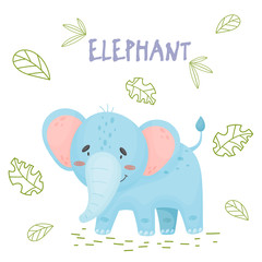 Cute cartoon elephant in jungle on a white backgrount. Element for print, postcard and decor. Vector illustration  