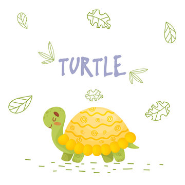 Cute cartoon turtle in jungle on a white backgrount. 