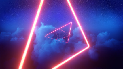 3d render of Red neon triangles in blue clouds