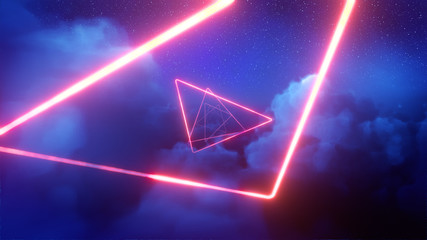 3d render of Red neon triangles in blue clouds