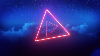 3d render of Red neon triangles in blue clouds