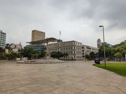 Empty Maua Square (Pra&ccedil;a Mau&aacute;), in the Downtown of Rio de Janeiro/Brazil, because of the coronavirus. Quarantine and isolation. Coronavirus concept. Novel coronavirus. (2019-nCoV). Covid-19.