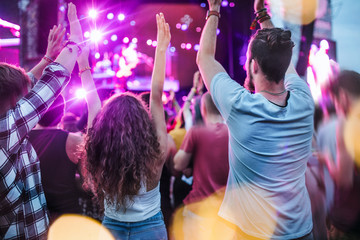 Rear view of group of young friends dancing at summer festival.