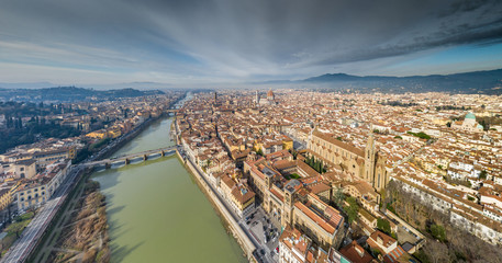 Aerial panorama of Florence at sunrise, Firenze, Tuscany, Italy, cathedral, river, drone pint view,...