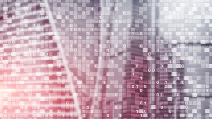 Digital code on blur city background. Abstract Binary code.