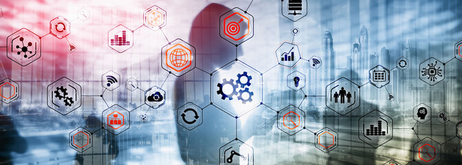 Gears icons engineering manufacturing automation innovation structure abstract concept.