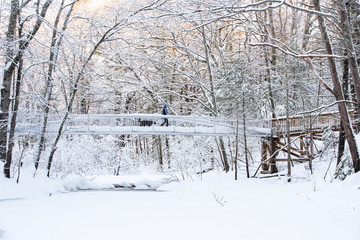 snow covered bridge in winter with girl and dog hiking
