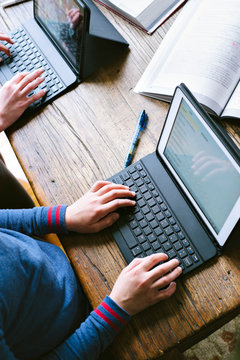 Kids Staying In And Doing School Work Remotely Due To Corona Virus Pandemic