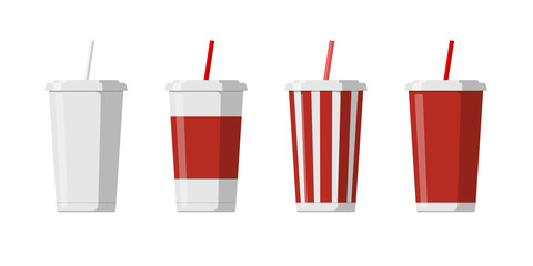 Disposable paper beverage cup template set for soda with drinking straw. Blank white big red striped cardboard soft drinks packaging mockup collection vector flat illustation