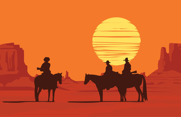 Vector landscape with American prairies and silhouettes of armed cowboys riding horses at sunset or sunrise. Decorative illustration on the theme of the Wild West. Western vintage background