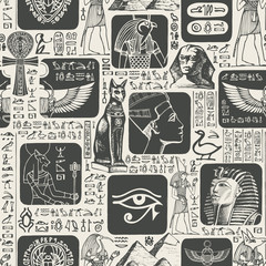 Vector seamless pattern with hieroglyphs and illustrations on the theme of Ancient Egypt. The Egyptian symbols and mascots. Suitable for wallpaper, wrapping paper, fabric, background in retro style