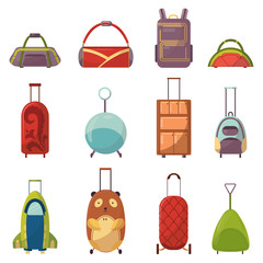 Childish cute bag types for trips collection. Wheeled child handle travel bag. Variety bright backpacks for school children, students, travelers and tourists. Fashionable bags for kids and adults