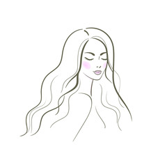 Beautiful girl with long hair isolated on a white background.Young fashion woman vector portrait. Line Hand drawn illustration for print, greeting card design, invitation. 
