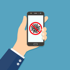 Hand holding smartphone with stop covid-19 sign. Flat design illustration.