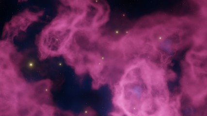 an illustration of a nebula in purple color with dark color and shiny stars , made in blender , to be used as background or in science projects