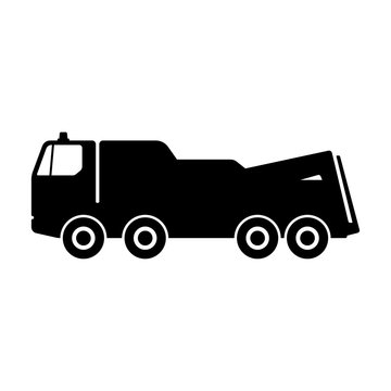 Tow truck icon. Black silhouette. Side view. Vector graphic illustration. Isolated object on a white background. Isolate.