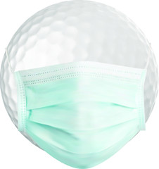Golf ball in mask. Corona virus protection. Isolated on white background.