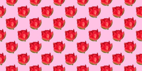 Fototapeta na wymiar Seamless pattern of red tulips on a pink background
