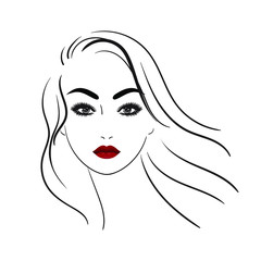 Beautiful girl portrait with long hair red lips and long eyelashes.Vector Stock illustration isolated on white background.Young woman face.