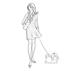 Black and white young woman with a dog. Hand-drawn beautiful girl carries french bread.French baguette. Stock vector illustration isolated on white background.