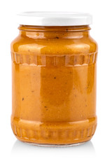 glass jar with squash caviar on white background