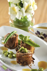 Guinea fowl stuffed with small, broad beans and Marsala wine
