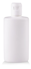 Plastic bottle with soap or shampoo without label reflected on white background