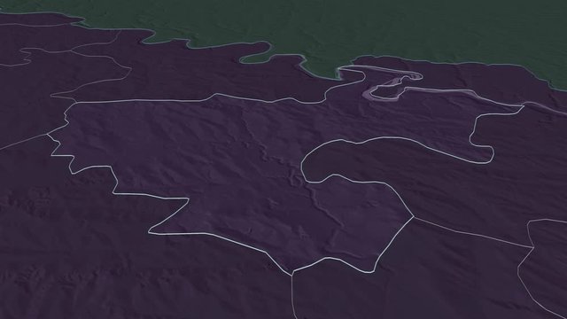 Floreşti, district with its capital, zoomed and extruded on the administrative map of Moldova in the conformal Stereographic projection. Animation 3D