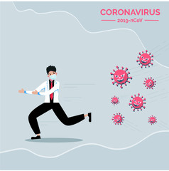 Vector doctor mask illustration running by virus covid-19 for background , covid-19 corona virus. cure corona virus. end of 2019-ncov. don't be afraid of the corona virus concept