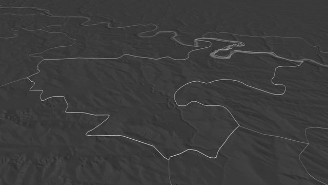 Floreşti, district with its capital, zoomed and extruded on the bilevel map of Moldova in the conformal Stereographic projection. Animation 3D