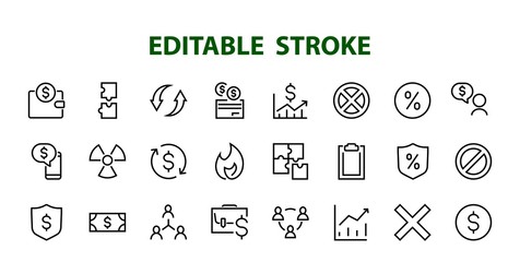Set of business vector line icons. It contains user symbols, dollar pictograms, gears, briefcase, puzzles, envelope, percentage, messages, schedule, and more. Editable Bar 460x460 pixels.