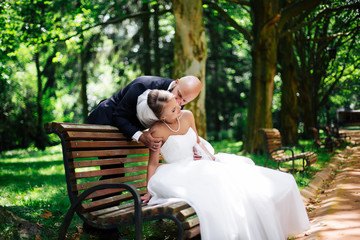 Fototapeta premium wedding couple, beautiful young bride and groom standing in a park outdoors holding hands and smiling