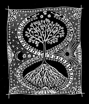 Tree of life, crown and roots, Sun, moon, two snakes in the form of a figure eight. Graphic drawing - white picture against a black background. Mystical graphics of gel pens. Pixel graphics.