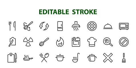   Set of cooking and kitchen icons, Vector lines, contains icons such as frying pan, frying, microwave, fork with spoon, Editable stroke, perfect 480x480 pixels, white background.